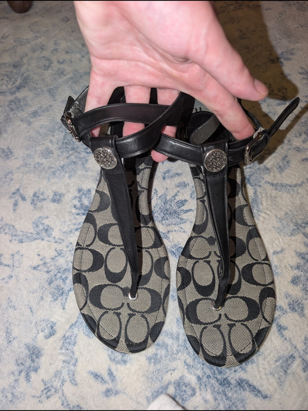 Coach Black Signature Logo T-Strap Sandals